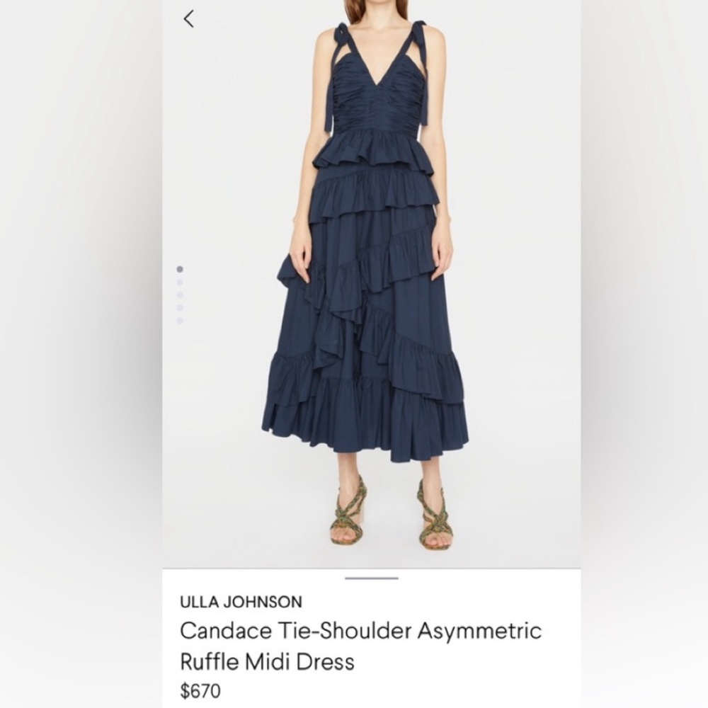 Ulla Johnson Candace Tie-Shoulder Asymmetric Ruffle
Midi Dress